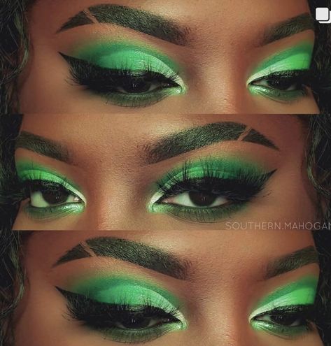 Wicked Inspired Eye Makeup, Poison Ivy Makeup Black Women, Green Smokey Eye Makeup Black Women, Posin Ivy Makeup, Emerald Green Eye Makeup Black Women, Green Eyeshadow Looks For Black Women, Green Makeup Looks Black Women, Green And Black Makeup, Emerald Green Makeup Looks