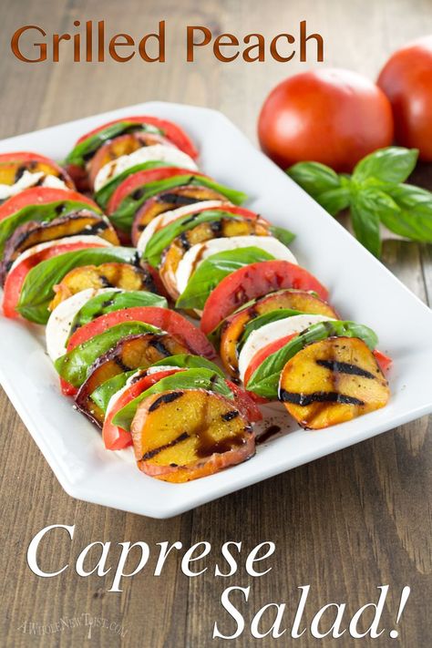 Grilled Peach Caprese Salad is a whole new twist on a classic Italian dish.  Light and refreshing with a surprising sweet smokiness, this salad will be a hit at your next BBQ or picnic! Peach Caprese Salad, Fast Appetizers Easy, Peach Caprese, Food Recipes Dinner, Caprese Salad Recipe, Bbq Sides, Classic Italian Dishes, Grilled Peaches, Best Gluten Free Recipes