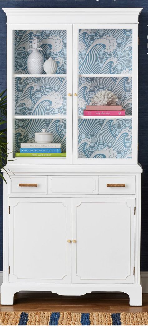 Chinoiserie Kitchen Cabinets, Coastal China Cabinet, Coastal Hutch, White China Cabinet, Chinoiserie Kitchen, White China Cabinets, Beach Wallpaper, White China, Hutch