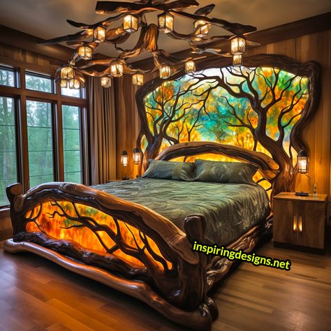 These Epic Stained Glass Tree Of Life Beds are the Ultimate Forest Fantasy for Your Bedroom! Fun Bed Frames, Viking Bedroom, Fantasy Bed, Stained Glass Tree Of Life, Awesome Beds, Odd Furniture, Unusual Beds, Unique Bed Frames, Stained Glass Tree