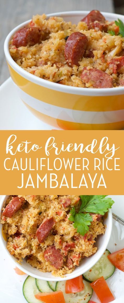 This Keto Cauliflower Rice Jambalaya Comes Together In One Large Pot And Is About 1/2 The Calories Of The Rice Version! It's An Easy Smoked Sausage Recipe That You'll Be Happy You Saved For Later! We Have Been Making This Almost Once A Week As Part Of Our Keto Diet! Smoked Sausage Recipe, Keto Cauliflower Rice, Easy Jambalaya, Smoked Sausage Recipes, Sausage Recipe, Keto Vegan, Resep Diet, Low Carb Diets, Keto Diet Menu