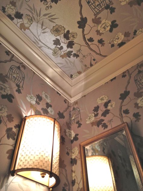 Wallpapered Ceiling (JTD) Wallpaper Roof Ceilings, False Ceiling With Wallpaper, Victorian Wallpaper Ceiling, Wallpaper On Ceiling Bedroom Gold, Gold Wallpaper Ceiling, Ceiling Wallpaper Ideas, Barbie Townhouse, Wallpapered Ceiling, Ceiling Interior