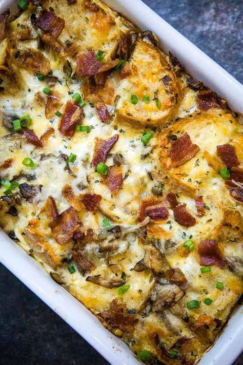 Mushroom Strata Recipe with Bacon and Cheese Bacon Strata Recipes, Breakfast Casserole Overnight, Mushroom Strata, Casserole Recipes Easy, Breakfast Casserole With Bacon, Strata Recipes Breakfast, Overnight Casserole, Savoury Bread, Strata Recipe