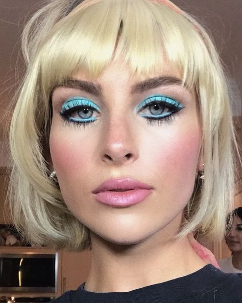 Modern 60s Mod Makeup by me on @paigelorenze Pastel Makeup Look Light Pink Lip Blue Eyeshadow Spring 2021 Retro Blue Eyeshadow Looks, Barbie Makeup Blue Eyeshadow, Barbie Blue Eyeshadow, 60s Barbie Makeup, Colorful 60s Makeup, Blue Barbie Makeup, Blue Eyeshadow Pink Lips, 1960s Blue Eyeshadow, Blue 60s Makeup