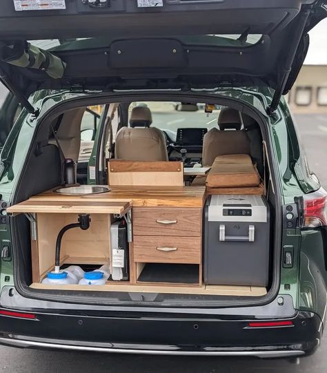 10+ Amazing Toyota Sienna Camper Conversions And Kits You Can Build » Parked In Paradise Car Trunk Kitchen, Sienna Camper Conversion, Toyota Sienna Camper, Sienna Camper, Campervan Curtains, Minivan Conversion, Campervan Design, Gray Oak Floor, Car Picnic