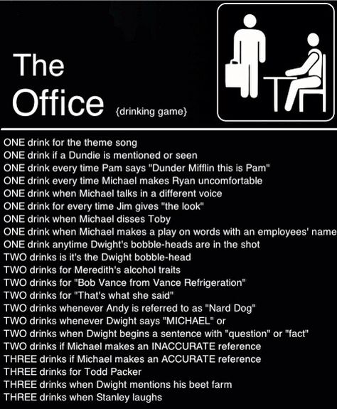 The Office USA, drinking game! The Office Drinking Game, Tv Show Drinking Games, Games For Parties, Movie Drinking Games, Office Themed Party, Drunk Games, Office Birthday Party, The Office Show, Drinking Games For Parties