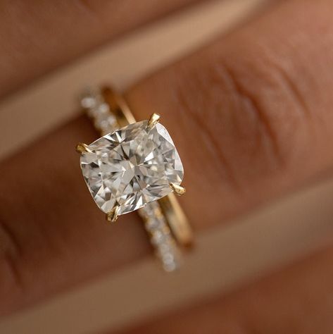 Cushion Stacked Wedding Rings, Extended Cushion Engagement Ring, Elongated Cushion Engagement Ring Pave, Square Cushion Cut Engagement Ring, Elongated Cushion Cut With Wedding Band, Lab Made Diamond Rings, Cushion Cut Engagement Ring And Band, Gold Cushion Cut Engagement Ring, Cushion Diamond Ring