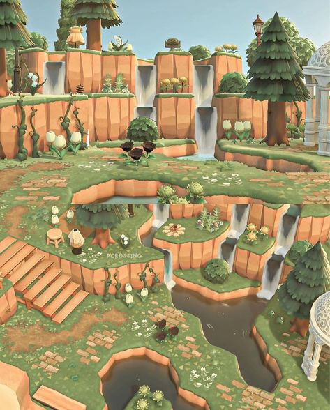 Cliffs Animal Crossing, Orchard Acnh Ideas, Acnh Cottagecore Orchard, Acnh Orchard Ideas Cottagecore, Orchard Ideas Animal Crossing, Acnh Island Terraforming Ideas, Acnh Cliff House, Island Terraforming Ideas, Animal Crossing Front Yard