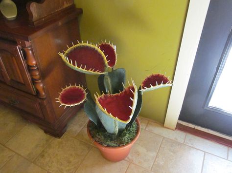 Giant Venus Fly Trap. Made of paper plates ,cardboard, wooden skewers, pcv, coat hangers and paper mache Diy Venus Fly Trap, Wooden Skewers, Image Halloween, Casa Halloween, Adornos Halloween, Fly Trap, Little Shop Of Horrors, Venus Fly Trap, Coat Hangers