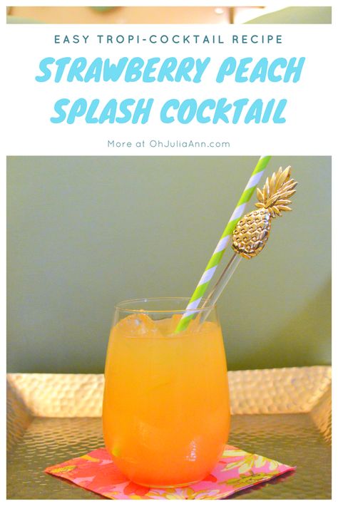 Strawberry Peach Splash Cocktail // Make this easy tropical cocktail with peach juice, tequila, and triple sec! Peach Drinks Alcohol Cocktails, Peach Mixed Drinks Alcohol, Strawberry Peach Mojito, Rum And Peach Schnapps Drinks, Strawberry Pineapple Vodka Drinks, Cocktail Recipes With Peach Schnapps, Rum Mixed Drinks, Strawberry Tequila, Peach Cocktail