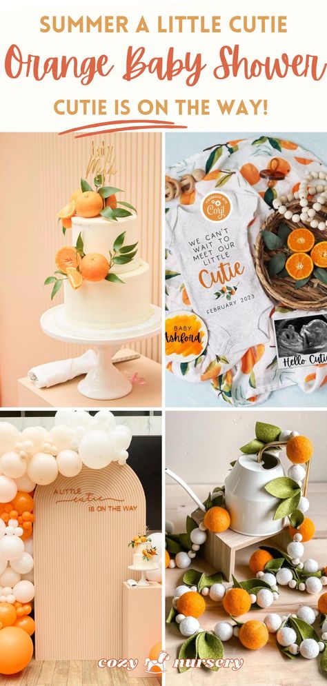 Celebrate your summer baby shower with a fun 'Cutie Is On The Way' theme! Perfect for an orange baby shower, this idea is full of citrusy charm. Get inspired with our summer baby shower themes! #OrangeBabyShower #CutieIsOnTheWay #CitrusBaby Lil Cutie Baby Shower Theme, A Little Cutie Is On The Way, Orange Baby Shower Ideas, May Baby Shower Ideas, A Little Cutie Baby Shower Theme, Baby Shower Summer Theme, Cutie Orange Baby Shower Theme, Cutie Themed Baby Shower Ideas, Summer Baby Shower Ideas