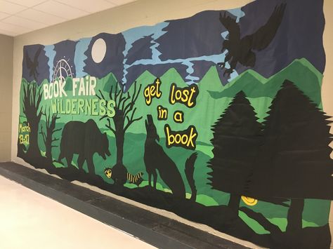 Wilderness book fair wall decoration Scholastic Book Fair Themes, Adventure Begins At Your Library, National Park Classroom, Book Fair Themes, Camping Chic, Forest Theme Classroom, Classroom Door Decorating, School Book Fair, March Reading