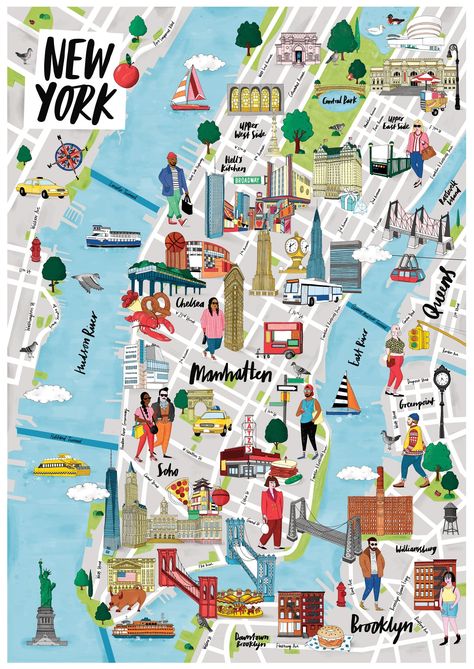 illustrated map of New York and Brooklyn New York City Map Illustration, Nyc Map Illustration, New York Tourist Map, New York Map Art, New York Map Aesthetic, New York Map Poster, New York Map Illustration, New York Maps, Sequential Illustration