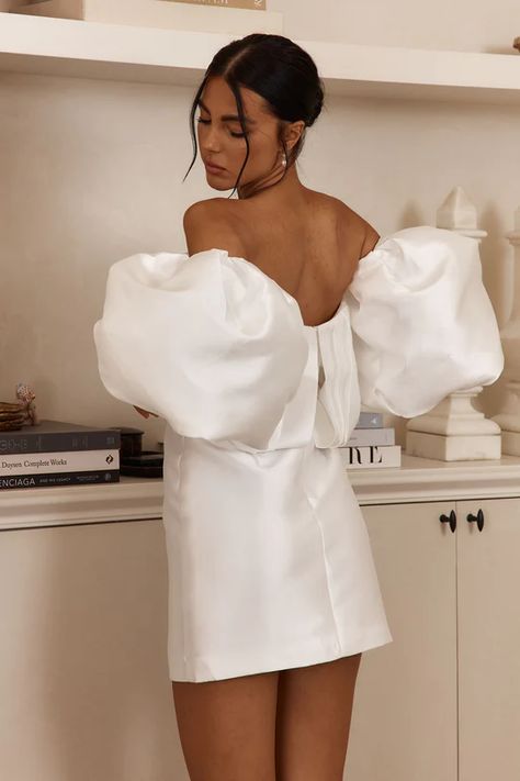 Shop Dresses | Hot Party Dresses | Women's Dresses | Selfie Leslie White Dress Poofy Sleeves, White Wedding Shower Dress, Wedding Shower Dress, Recreate Outfits, White Bridal Shower Dress, Hot Party Dresses, Poofy Sleeves, Reception Dresses, White Bridal Shower