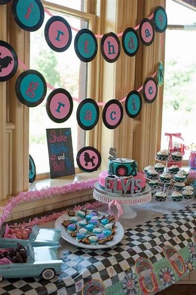 50's theme sock hop Birthday Party Ideas | Photo 4 of 21 | Sock hop ... Record Garland, Sock Hop Party Ideas, Sock Hop Decorations, 1950s Party Decorations, 1950s Party Ideas, 50s Party Decorations, Grease Theme, Grease Party, 50s Theme