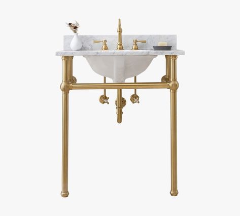 Gold Pedestal, Sophisticated Bathroom, Console Sinks, Console Sink, Marble Console, Wash Stand, Pedestal Stand, Single Sink Vanity, White Marble Countertops