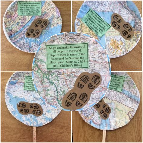 The Great Commission Craft: We cut circles from an old atlas to fit paper plates. Printed the scripture and footprints found online. (Printed footprints on Kraft paper to look like dirt.) Added a craft stick to hold their "globes". #thegreatcommission #thegreatcommissioncraft #matthew28 #preschoolcraft #sundayschoolcraft #craftideas #greatcommissioncraft #greatcommission #sundayschoolideas Go Into All The World And Preach Craft, Mission Friends Crafts, Great Commission Craft For Kids, The Great Commission Craft, Great Commission Craft, Daniel In The Lion's Den, The Great Commission, Great Commission, Lion's Den