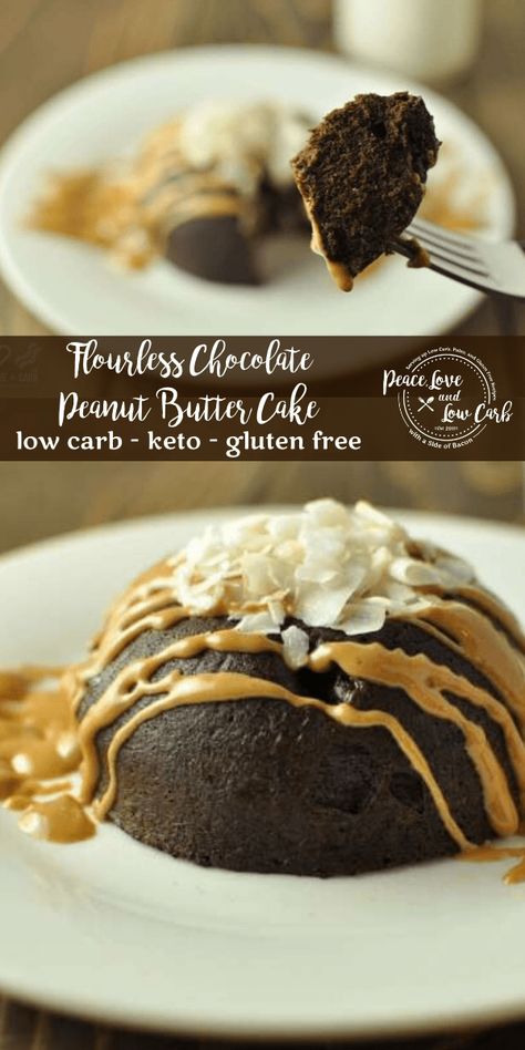 Low Carb Flourless Chocolate Peanut Butter Cake. The last low carb mug cake recipe you will ever need. Low Carb Mug Cake, Low Carb Mug Cakes, Peace Love And Low Carb, Mug Cake Recipe, Chocolate Peanut Butter Cake, Keto Mug Cake, Low Carb Low Sugar, Peanut Butter Cake, Best Low Carb Recipes