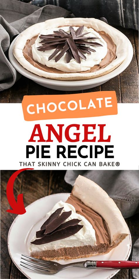 This chocolate angel pie has a sweet meringue shell and a luscious chocolate cream filling. It's a chocolate cream pie that's perfect for any special occasion or plain old chocolate cravings! Chocolate Angel Pie, Easy Chocolate Marange Pie, Angel Pie, Chocolate Angel Pie Recipe, Angel Pie Recipe, Easy Tart Recipes, Favorite Pie Recipes, Best Chocolate Desserts, Chocolate Cream Pie