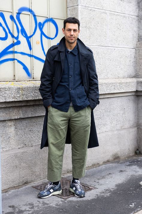 Fashion: The Best-Dressed Men At Salone Del Mobile | The Journal | MR PORTER Navy Raincoat, Men Styling, Adidas Trousers, Transitional Dressing, Best Dressed Man, Dad Sneakers, Green Trousers, Chore Coat, Chore Jacket