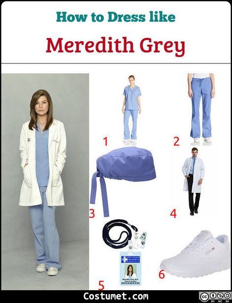 Grey’s Anatomy Meredith Grey light blue scrubs, a white doctor’s coat, white shoes, and a hospital ID. #Female #male #female #tv #doctor #GreysAnatomy Meredith Grey Halloween Costume, Meredith Grey Costume, Greys Anatomy Costume, Greys Anatomy Outfits, Greys Anatomy Halloween Costumes, Meredith Grey Outfits, Greys Anatomy Costumes, Light Blue Scrubs, Doctor Halloween Costume