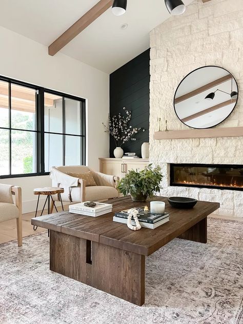 Tongue And Groove Living Room, Fireplace Cabinets, Tongue And Groove Walls, Contemporary Farmhouse, Fireplace Makeover, Laundry Room Makeover, Living Room Makeover, Fireplace Design, Black Walls