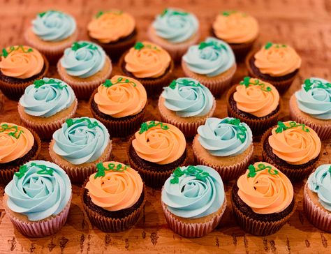 Fall Gender Reveal Cupcakes, Pumpkin Baby Shower Cupcakes, Fall Baby Shower Cupcakes, Blue And Orange Cupcake Ideas, Pumpkin Cupcakes With Maple Frosting, Fall Boy Baby Shower Ideas, Pumpkin Theme Cupcakes, Harvest Cupcake Ideas, Fall Boy Baby Shower Cupcakes