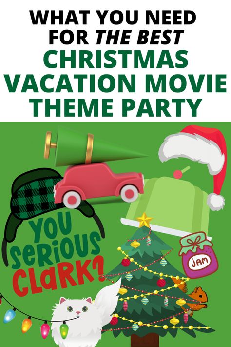 How to have a Christmas Vacation movie party, complete with Christmas Vacation party food (like Aunt Bethany's Jello recipe), Christmas Vacation party games and everything for this fun holiday theme party! #Christmasparty #Christmastheme #movieparty Griswold Christmas Party Games, Christmas Vacation Movie Party Ideas, Aunt Bethany Christmas Vacation, Christmas Vacation Party Games, Christmas Vacation Games, Christmas Vacation Party Ideas, Vacation Party Theme, Christmas Vacation Themed Party, Griswold Family Christmas Party