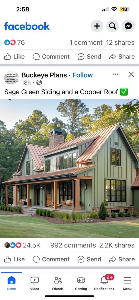 Copper Tin Roof Houses, Tin Roof House, Copper Metal Roof, Green Exterior House Colors, Green Roof House, Farmhouse Wall Lighting, Green Siding, Painted Brick House, Terracotta Roof