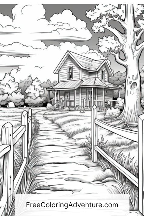 Get lost in the beauty of the countryside and unwind your imagination with our free printable countryside escape coloring page. This dirt road journey is suitable for little artists and adults alike, and it's just a click away from bringing hours of relaxation and creativity to your doorstep. House Coloring Pages Free Printable, House Coloring Pages, Wooden Fences, Farm Coloring Pages, House Colouring Pages, Coloring Pages Free Printable, Farm Houses, Different Shades Of Green, Kittens And Puppies