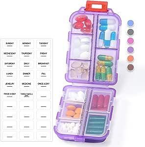 1 Pack Travel Pill Organizer w Lables, Small 10 Grid Compartments Pocket Pharmacy, Handy Pill Holder Box - Portable Medicine Container Case - Mini Cute Daily Weekly 7 Day Medication Organizer - Purple Mini Pharmacy, Pocket Pharmacy, Medication Organizer, Travel Pill Organizer, Medicine Container, Cute Pill Box, Pill Box Organizer, Medication Organization, Car Storage Box