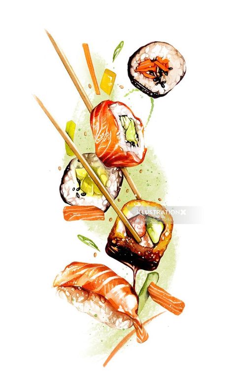 Fish Tikka food illustration Fish Food Art, Sushi Watercolor Painting, Food Illustrations Watercolor, Sushi Art Illustration, Chopsticks Illustration, Sushi Tattoo, Foodie Illustration, Fish Tikka, Sushi Drawing