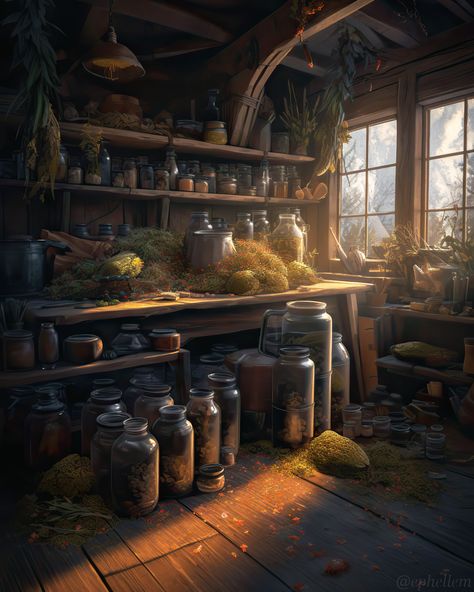 Fantasy Herbs Art, Dnd Apothecary, Medieval Apothecary, Apothecary Aesthetic, Fantasy Tavern, Blender Model, The Green Witch, Background Fantasy, Witch Hut