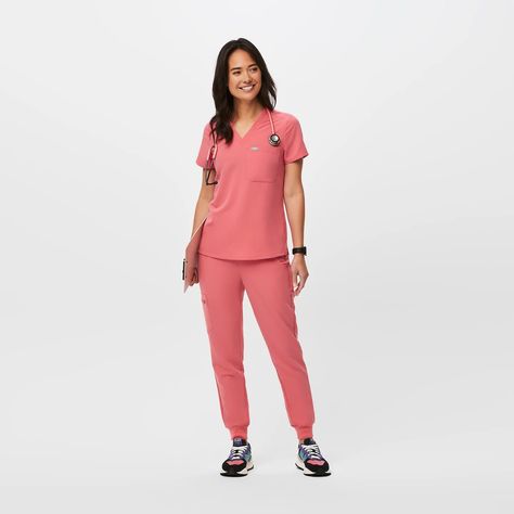 Women's Catarina One-Pocket Scrub Top™ - Desert Rose · FIGS Orange Scrubs, Dessert Rose, Teal Scrubs, Black Figs, Pink Dessert, Red Scrubs, Pink Desserts, Green Scrubs, Black Fig