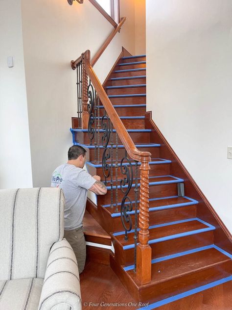 How To Prep And Paint Stained Stair Risers - Four Generations One Roof Blog Paint Stair Risers, Sherwin Williams Westhighland White, Painted Stair Risers, Painting Stairs, Stained Trim, Entryway Stairs, Staircase Handrail, Staircase Remodel, Floor Stain