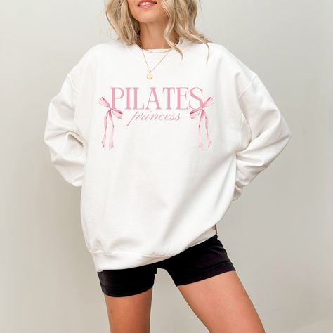 Pilates Princess Sweatshirt with Bows, Girly Pilates Sweatshirt, Pilates Lover Era Sweatshirt, Pilates & Bows Sweatshirt by RuthieGrayDesigns on Etsy Pilates Sweatshirt, Princess Sweatshirt, Princess Coquette, Lover Era, Pilates Princess, Pink Bows, Air Jet, Knit Collar, Pink Bow