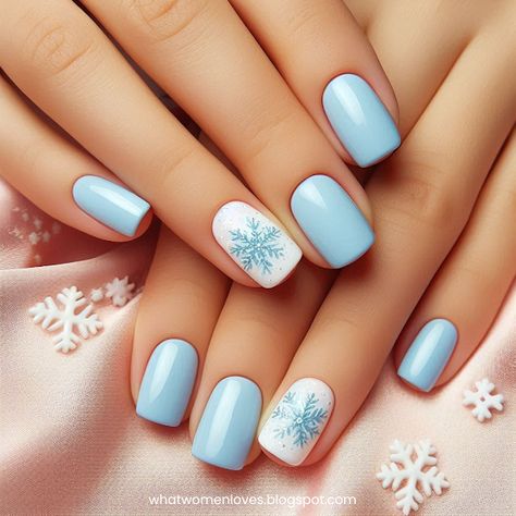 Snowflake Nails for Short Nails Blue And Snowflake Nails, Snowflake Nails Blue And White, White Nails With Blue Snowflake, Blue Snowflake Nails Short, Snowflakes Nail Art, Light Blue Nails With Snowflakes, Baby Boy Nails Designs, Cute Christmas Nails For Kids, Light Blue Snowflake Nails