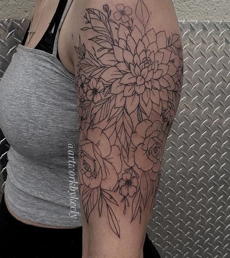 Floral Sleeve Linework, Rose Half Sleeve, Dahlia Tattoo, H Tattoo, Ink Therapy, Rose Tattoo Sleeve, Marquesan Tattoos, Mens Shoulder Tattoo, Floral Tattoo Sleeve