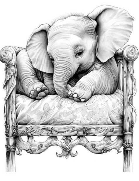 Colouring Pictures For Adults, Greyscale Coloring Pages, Cartoon Elephants, Disney Adult Coloring Books, Free Printable Adult Coloring Pages, Greyscale Colour, Elephant Coloring, Elephant Sketch, Grayscale Art