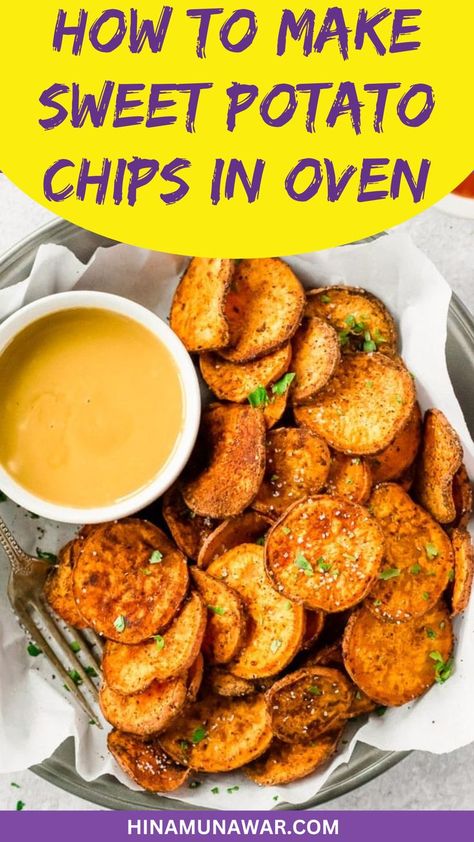 Sweet Potato Chips In Oven Potato Chips In Oven, Sweet Potato Chips Oven, Oven Potato Chips, Crispy Sweet Potato Chips, Homemade Sweet Potato Chips, Baked Sweet Potato Slices, Oven Baked Sweet Potato, Sweet Potato Chips Recipe, Sweet Potato Snacks