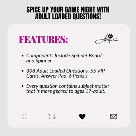 Get ready for laughs and unexpected answers with ADULT LOADED QUESTIONS from All Things Equal, Inc. This rousing party game is perfect for adult gatherings, where you can uncover hilarious truths and daring dares among friends. It's the ultimate way to break the ice and keep the fun rolling all night long. Let the games begin! 🎉🍻 https://akingatebiz.com/product/adult-loaded-questions-a-rousing-adult-party-game-from-all-things-equal-inc/ . . . . #akingatebiz #adultloadedquestions #partygame... Let The Games Begin, Adult Party Games, The Games, Party Game, The Ice, Be Perfect, Party Games, Get Ready, Let It Be