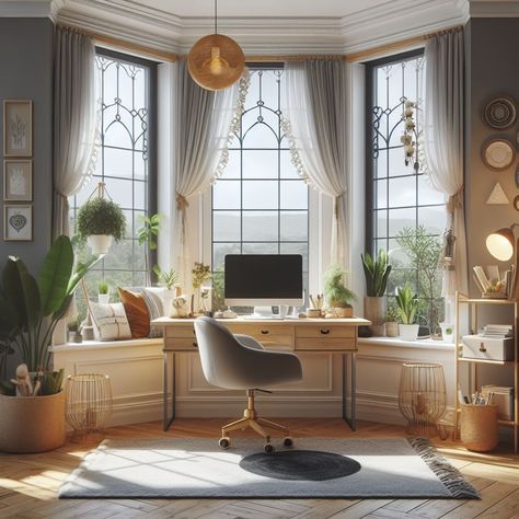 17 Bay Window Ideas To Transform Your Space (With Pros And Cons) - My Besuited Home Bay Window Office Ideas, Window Nook Ideas Living Room, Bay Window Desk Ideas, Dining Room With Bay Window, Bedroom With Bay Window, Modern Bay Window, Bay Window Decorating Ideas, Office Oasis, Front Window Design