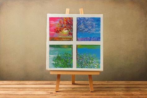 Tree Drawing Acrylic, 4 Seasons Painting, Painting On Mini Canvas, Seasons Painting, Four Seasons Tree, How To Draw Anything, Landscape Acrylic Painting, Drawing Acrylic, Tree Painting Canvas