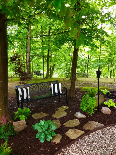 Wooded Landscaping Front Yard, Landscape Big Backyard, Outdoor Peaceful Space, Decorating Around A Tree Front Yards, Patio In Wooded Area, Backyard Wooded Area Ideas, Sitting Area In The Woods, Backyard With Lots Of Trees, Backyard In The Woods