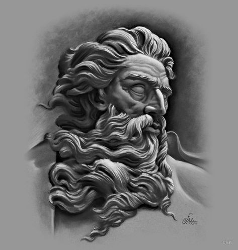 Mighty Zeus by cias #watercolor #digitalart #illustration #illustrationart #paintings #artpainting #fantasyart  #awesomeartist #canvasart #holymolybrand Greek Face Tattoo, Zeus Painting, Zeus Illustration, Zeus Drawing, Greek Face, Charcoal Study, Poseidon Tattoo, Zeus Tattoo, Statue Tattoo