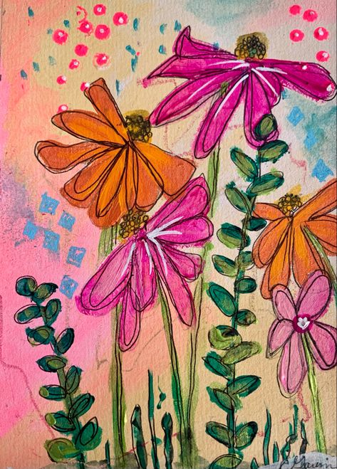 Pink, almond, orange and green flowers, mark making, spring colors Pasco Marker Art, Posca Pens Flowers, Expo Marker Art, Marker Sketches Simple, Posca Pens Art Ideas Simple, Simple Marker Drawing Ideas, Acrylic Pen Art Ideas, Acrylic Marker Art Ideas, Posca Pen Art