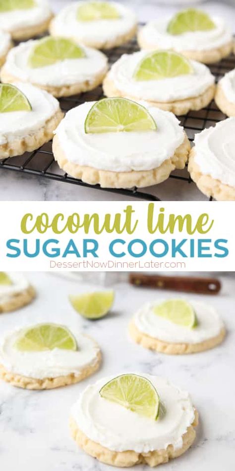 Coconut Lime Sugar Cookies - You'll love these moist sugar cookies with a hint of lime, creamy coconut frosting, and a fresh lime wedge to squeeze on top. Lime Sugar Cookies, Swig Cookies, Swig Sugar Cookies, Key Lime Cookies, Crumble Cookie Recipe, Lime Cookies, Sugar Cookie Recipe Easy, Coconut Frosting, Lime Recipes