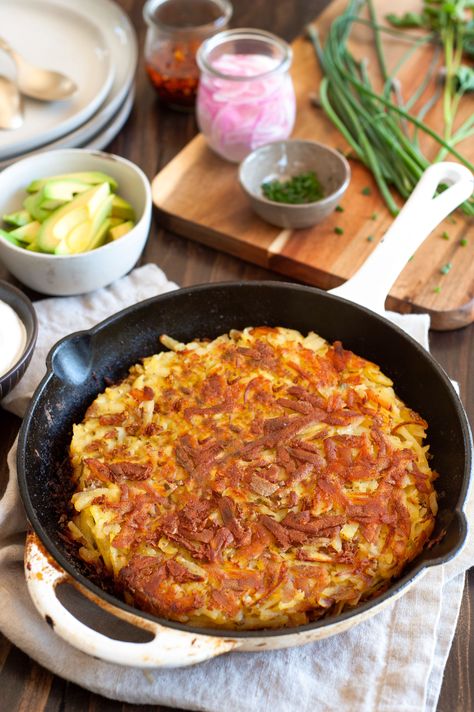 Impress your guests with this gorgeous rösti to top as you please. It's the perfect crispy and creamy fried potato pancake you'll want to make for every gathering. Rosti Recipe, Pickling Jalapenos, Potato Pancakes, Crumbled Bacon, Simply Recipes, Fresh Chives, Soft Cheese, Smoked Salmon, Only 1