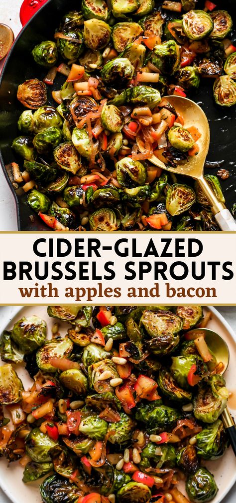 Sweet and savory Cider-Glazed Brussels Sprouts with apples, shallots, and bacon. This all-star side dish is worthy of any dinner party, yet easy enough for weeknights. Delightfully crispy and caramelized with steakhouse-worthy flavor, they'll impress even the biggest veggie skeptics! Thanksgiving Brussel Sprouts, Sprouting Sweet Potatoes, Roasted Sprouts, Thanksgiving 2023, Bacon Brussel Sprouts, Sprouts With Bacon, Sprout Recipes, Brussels Sprouts Recipe, Veggie Side Dishes