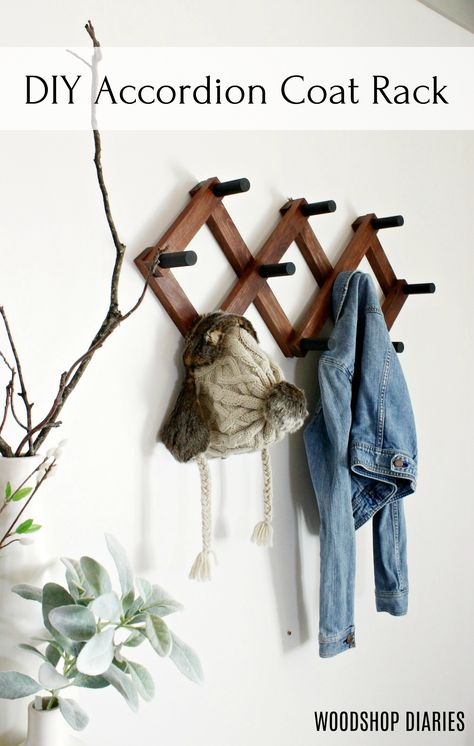 Build your own vintage style accordion rack with these free plans!  Using a simple 1x2 and a wood dowel, this coat rack is a simple project great for a weekend DIY.  You can buy these for a fortune, or use this tutorial to build one for a few bucks! Wall Hanger Ideas, Stocking Hanger Diy, Accordion Coat Rack, Diy Coat Hanger, Hat Hangers, Coat Wall, Dog Leash Hanger, Diy Coat Rack, Dorm Stuff